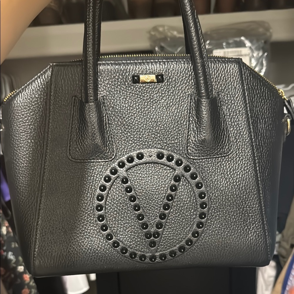 Valentino Black Leather Satchel with Studded Embellishments